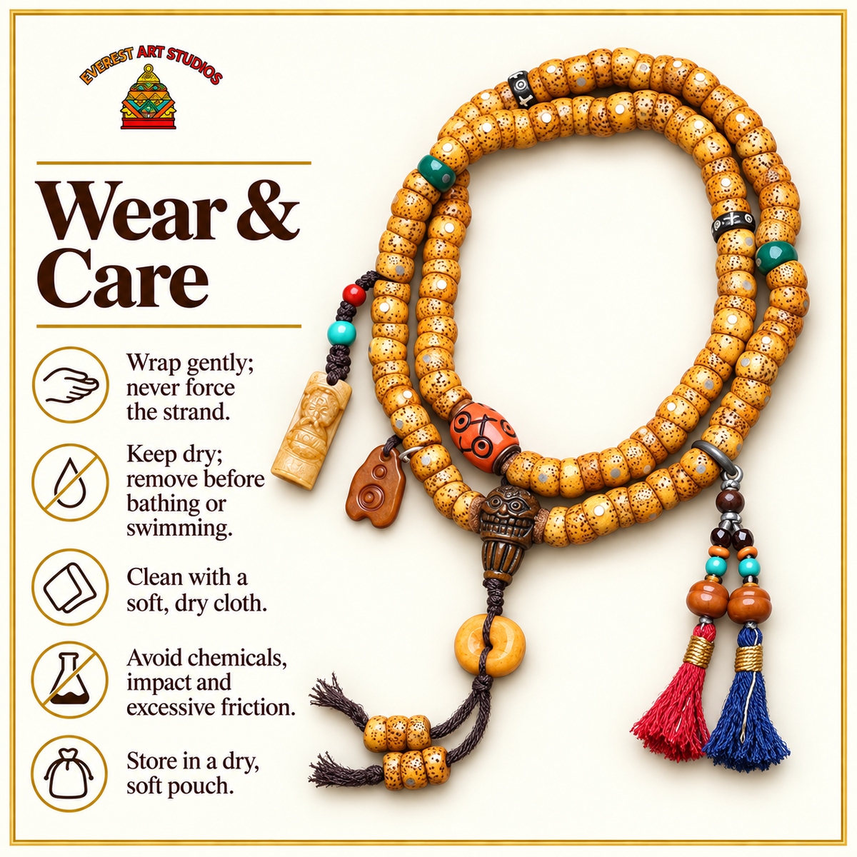 EverestArtstudios Xingyue Bodhi 108-Bead Mala with Bone and Safety Ring Accents — care