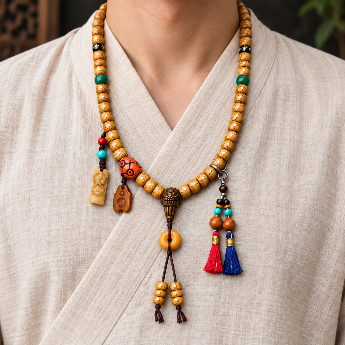 EverestArtstudios Xingyue Bodhi 108-Bead Mala with Bone and Safety Ring Accents — linen front