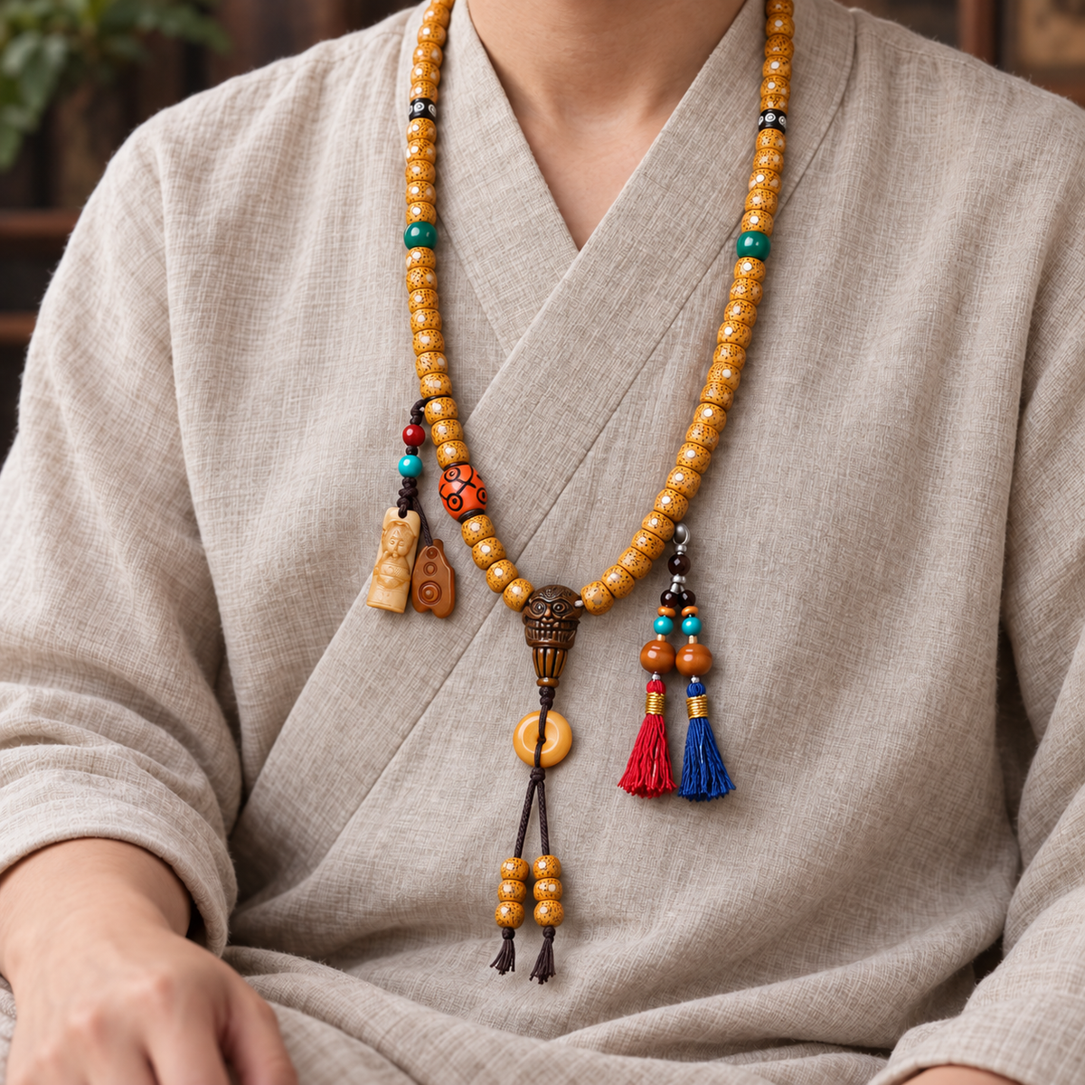 EverestArtstudios Xingyue Bodhi 108-Bead Mala with Bone and Safety Ring Accents — linen seated