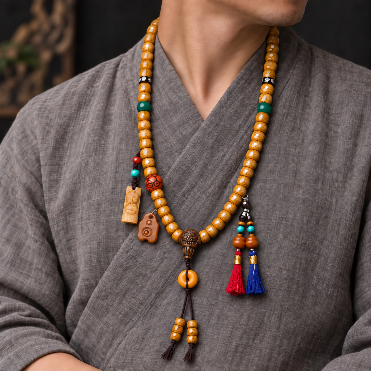 EverestArtstudios Xingyue Bodhi 108-Bead Mala with Bone and Safety Ring Accents — linen side