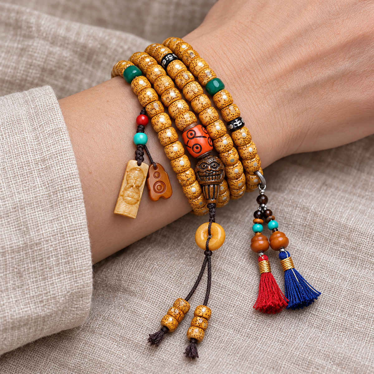 EverestArtstudios Xingyue Bodhi 108-Bead Mala with Bone and Safety Ring Accents — wrist resting