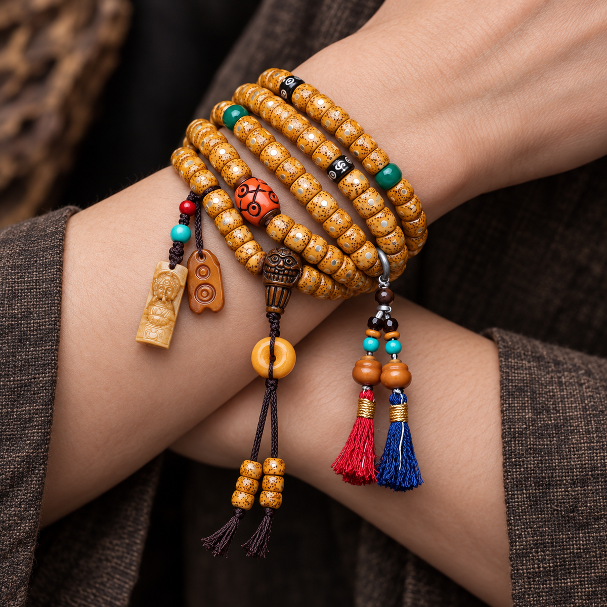 EverestArtstudios Xingyue Bodhi 108-Bead Mala with Bone and Safety Ring Accents — wrist crossed