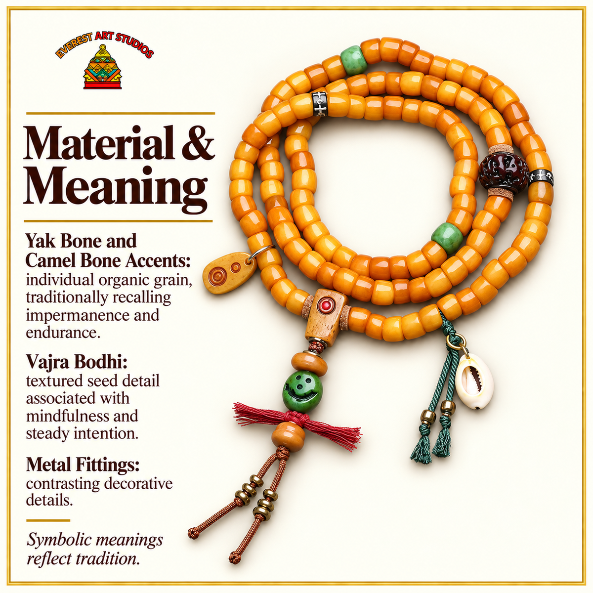 EverestArtstudios Yak Bone 108-Bead Mala with Vajra Bodhi and Camel Bone Accents — materials meaning