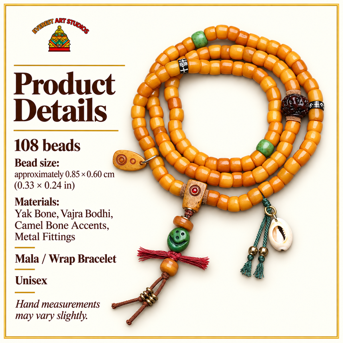 EverestArtstudios Yak Bone 108-Bead Mala with Vajra Bodhi and Camel Bone Accents — specifications