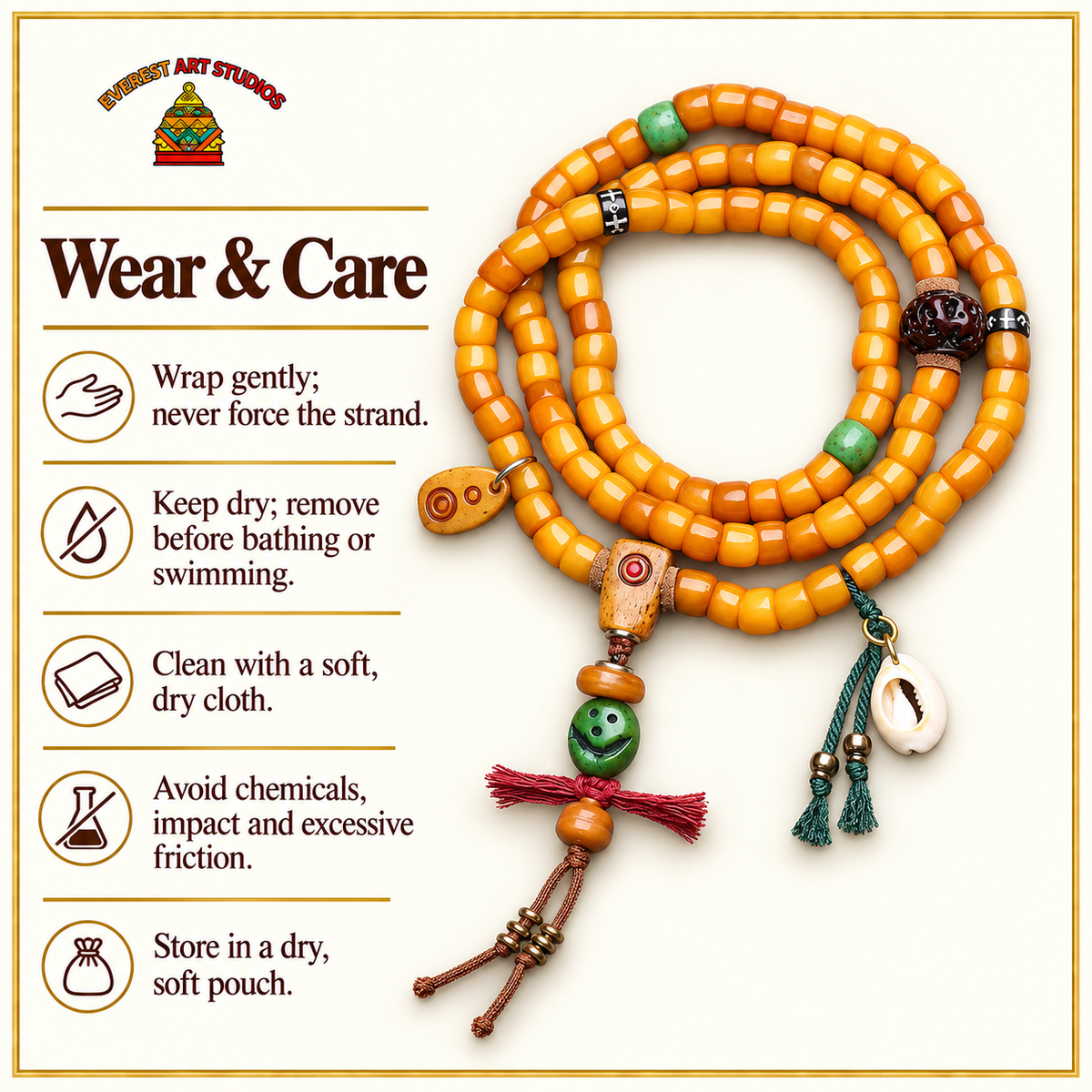 EverestArtstudios Yak Bone 108-Bead Mala with Vajra Bodhi and Camel Bone Accents — care
