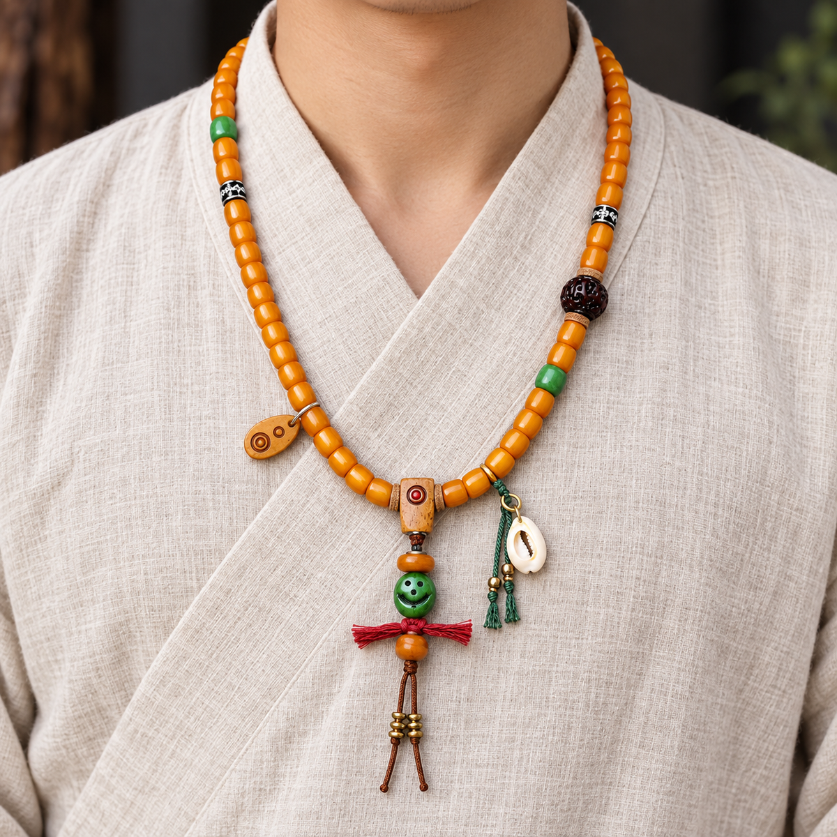 EverestArtstudios Yak Bone 108-Bead Mala with Vajra Bodhi and Camel Bone Accents — linen front