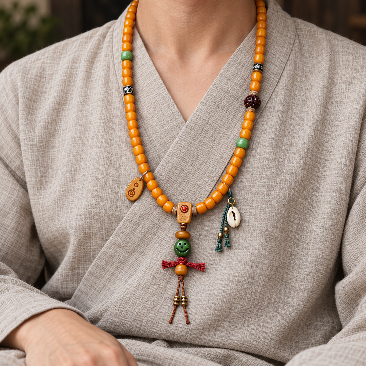 EverestArtstudios Yak Bone 108-Bead Mala with Vajra Bodhi and Camel Bone Accents — linen seated
