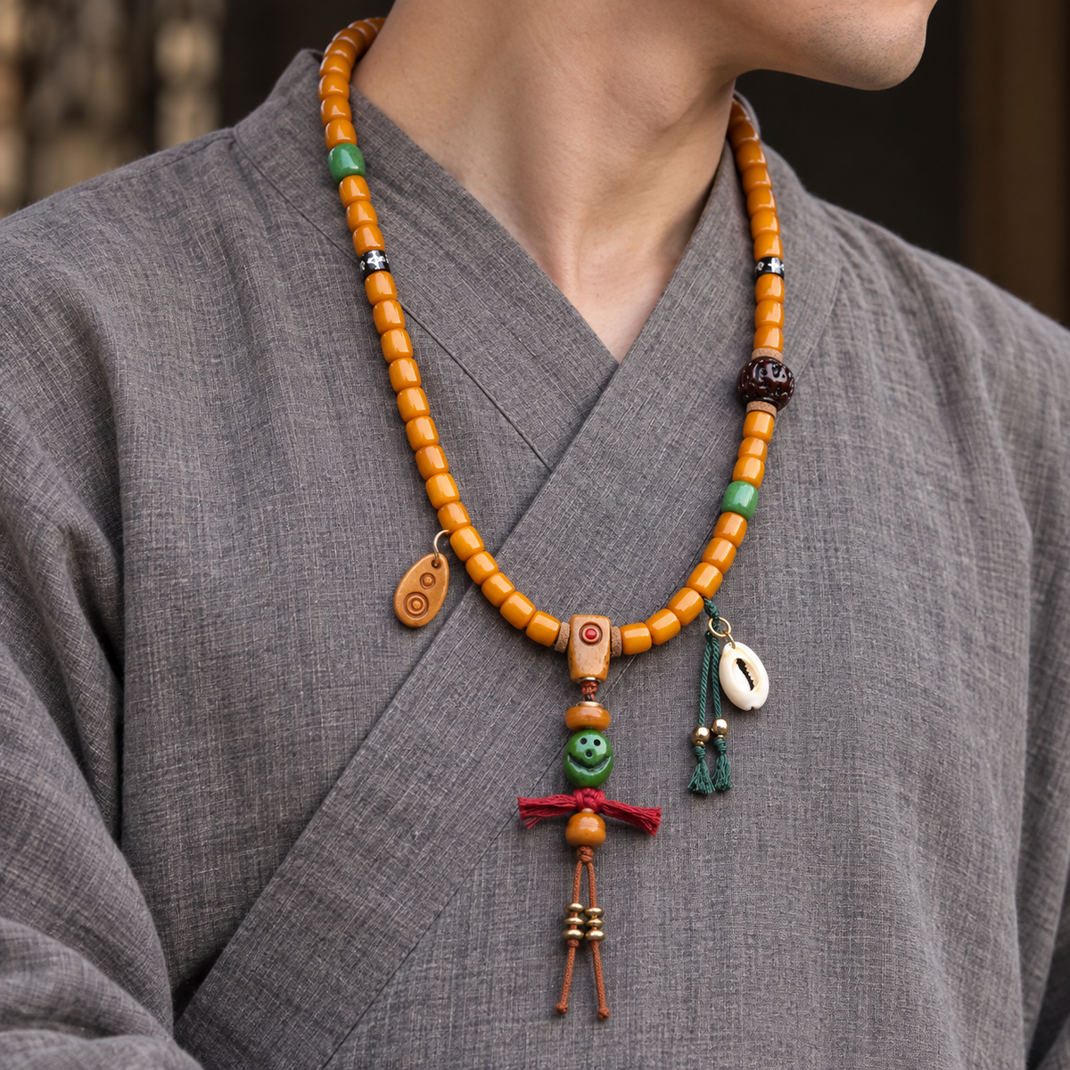 EverestArtstudios Yak Bone 108-Bead Mala with Vajra Bodhi and Camel Bone Accents — linen side