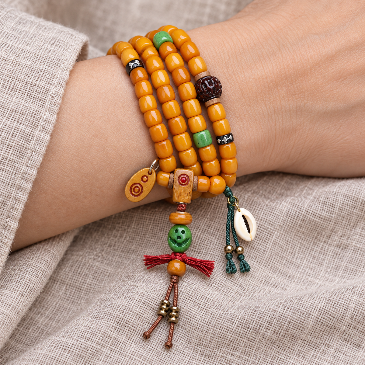 EverestArtstudios Yak Bone 108-Bead Mala with Vajra Bodhi and Camel Bone Accents — wrist resting