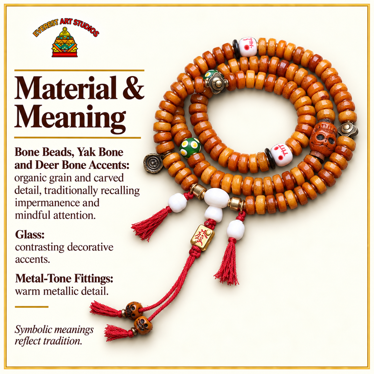EverestArtstudios Bone 108-Bead Mala with Yak Bone, Glass and Deer Bone Accents — materials meaning