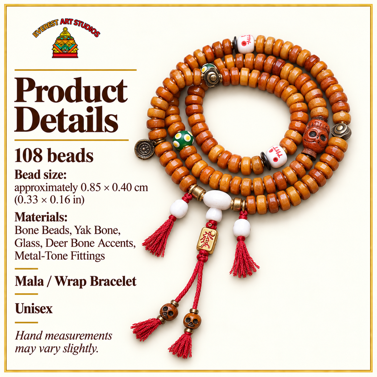 EverestArtstudios Bone 108-Bead Mala with Yak Bone, Glass and Deer Bone Accents — specifications