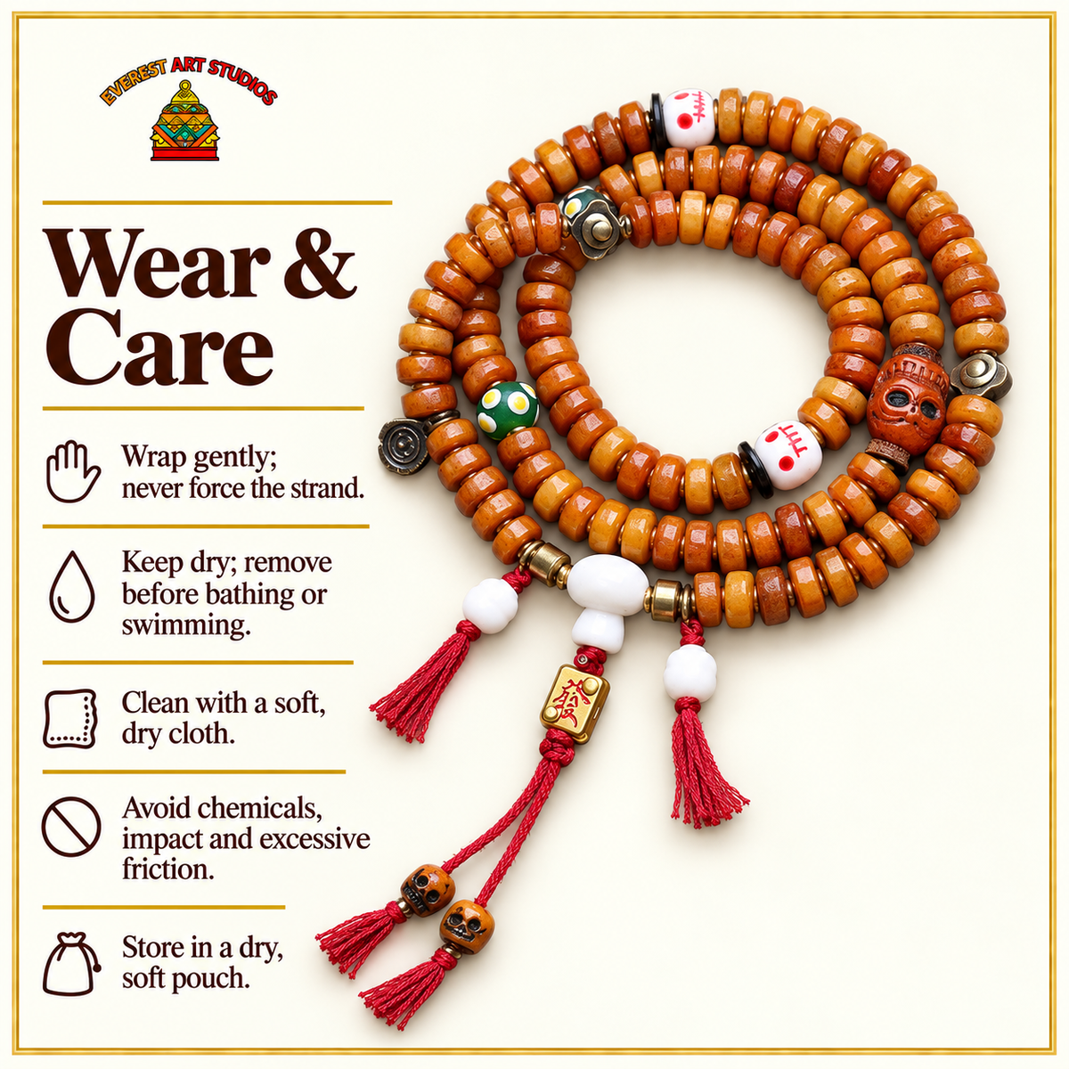 EverestArtstudios Bone 108-Bead Mala with Yak Bone, Glass and Deer Bone Accents — care