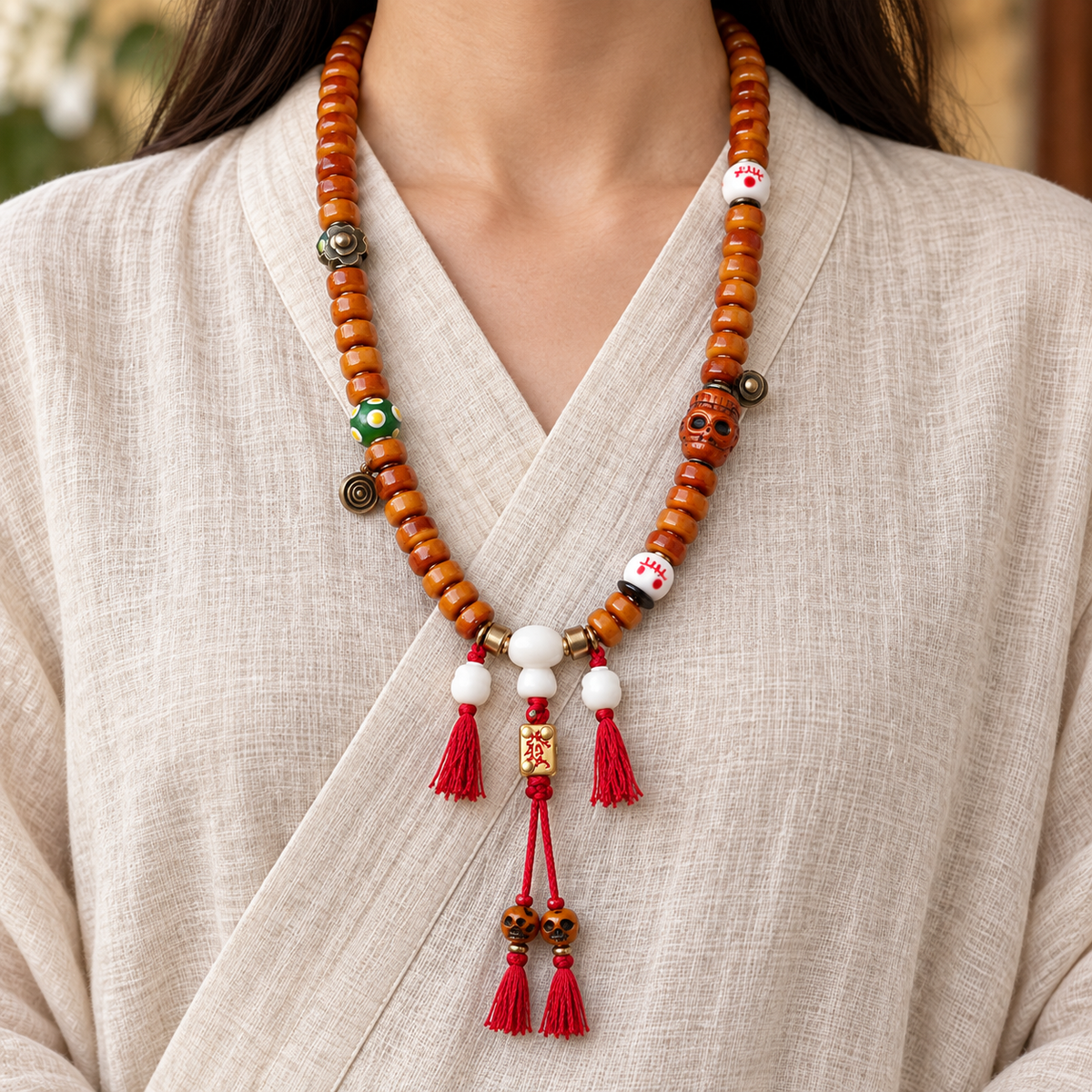 EverestArtstudios Bone 108-Bead Mala with Yak Bone, Glass and Deer Bone Accents — linen front