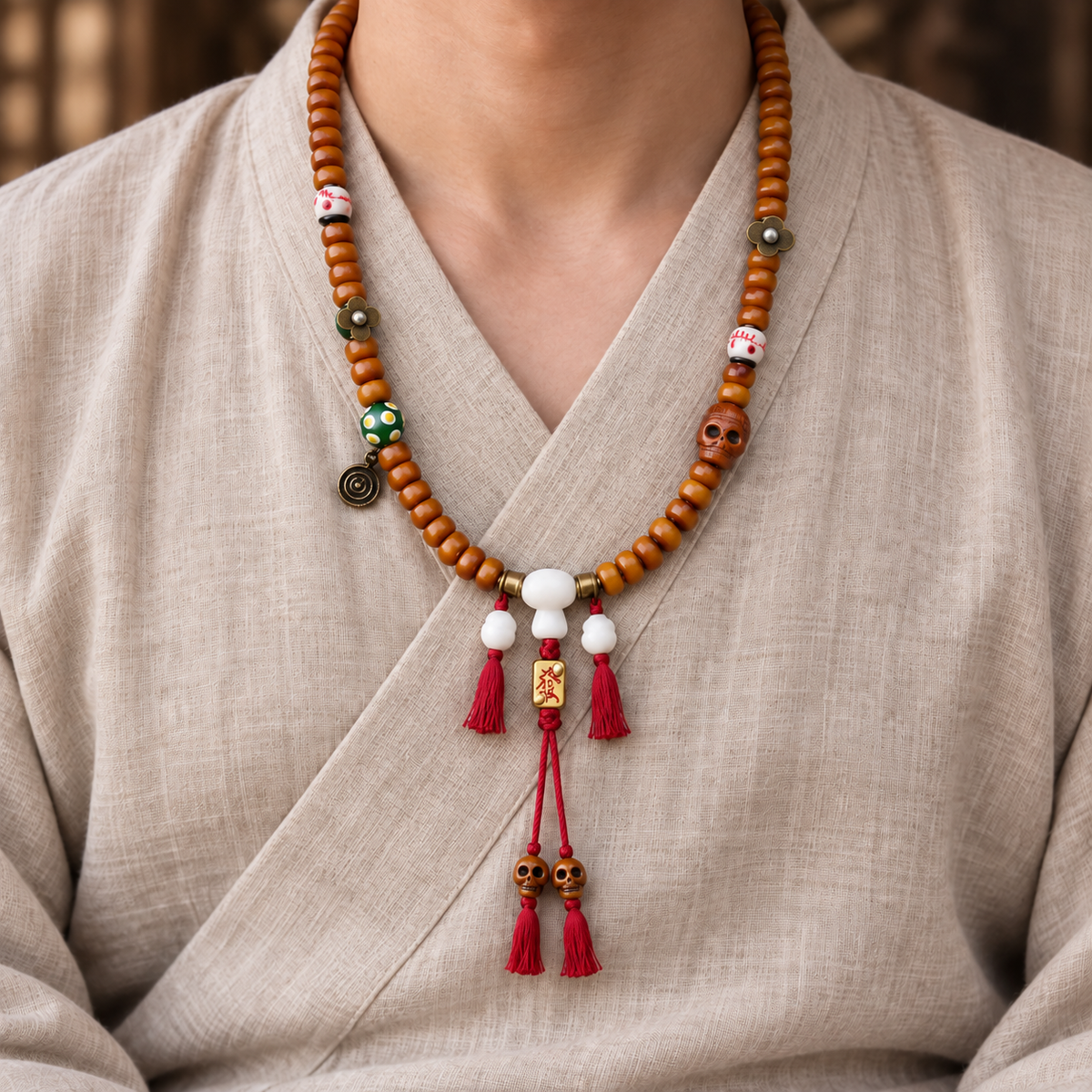 EverestArtstudios Bone 108-Bead Mala with Yak Bone, Glass and Deer Bone Accents — linen seated