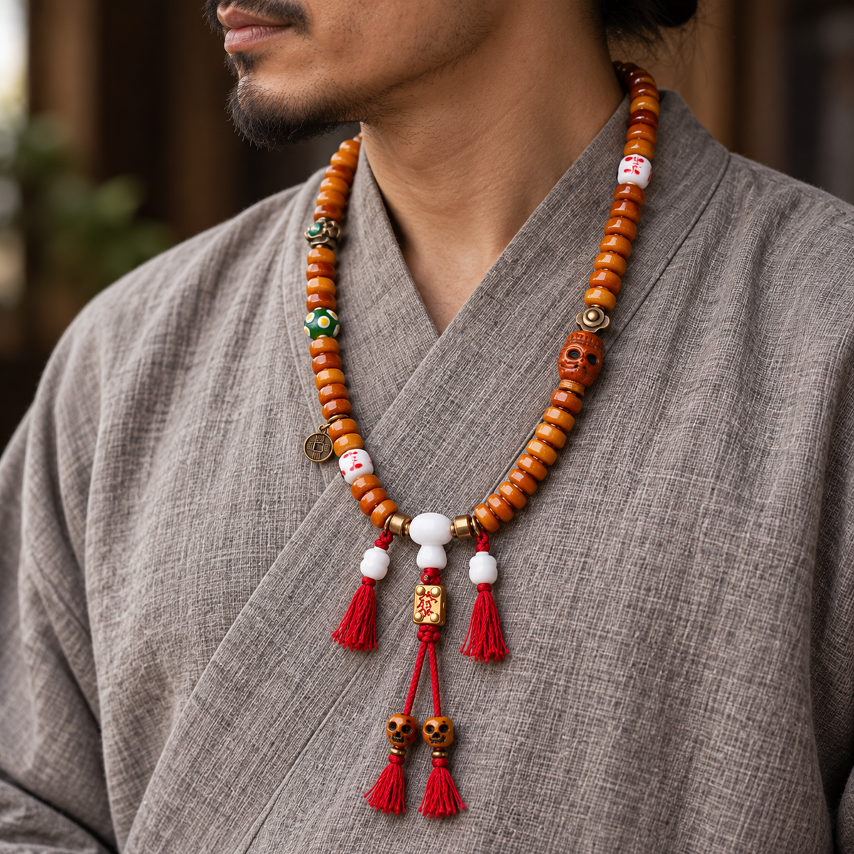 EverestArtstudios Bone 108-Bead Mala with Yak Bone, Glass and Deer Bone Accents — linen side