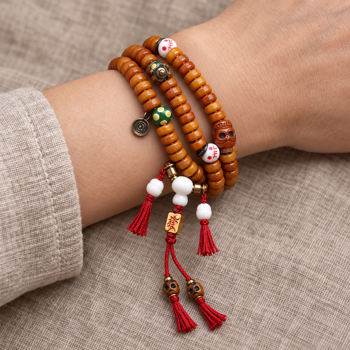 EverestArtstudios Bone 108-Bead Mala with Yak Bone, Glass and Deer Bone Accents — wrist resting