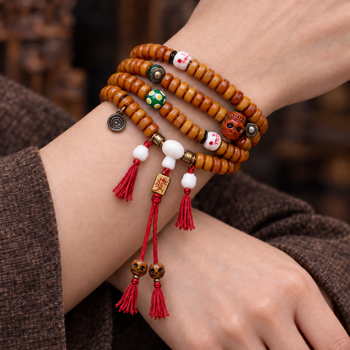 EverestArtstudios Bone 108-Bead Mala with Yak Bone, Glass and Deer Bone Accents — wrist crossed