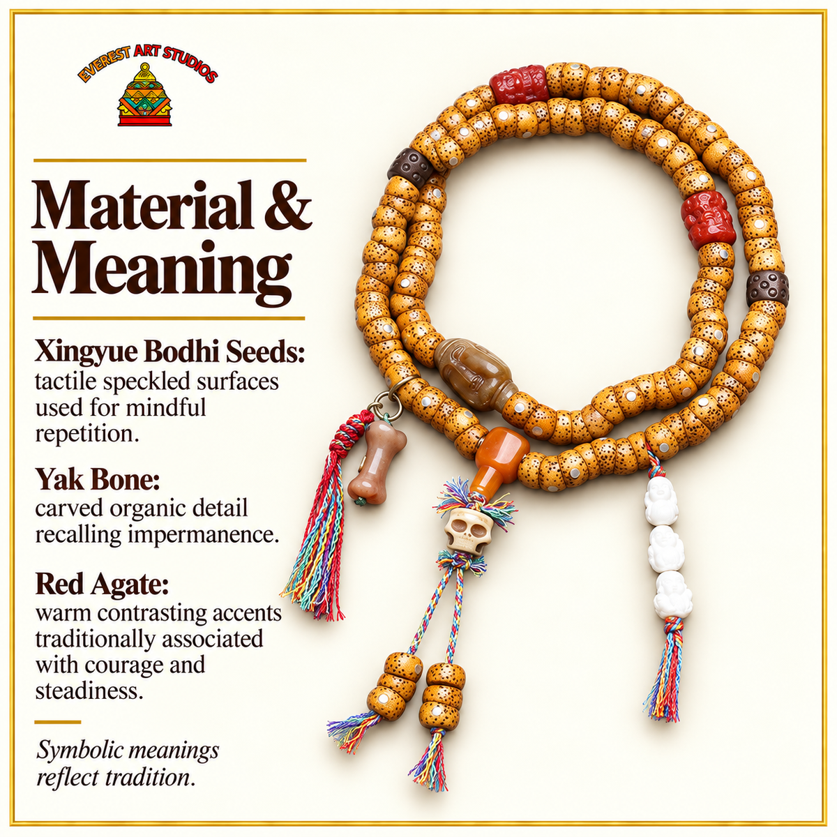 EverestArtstudios Xingyue Bodhi 108-Bead Mala with Yak Bone and Red Agate Accents — materials meaning