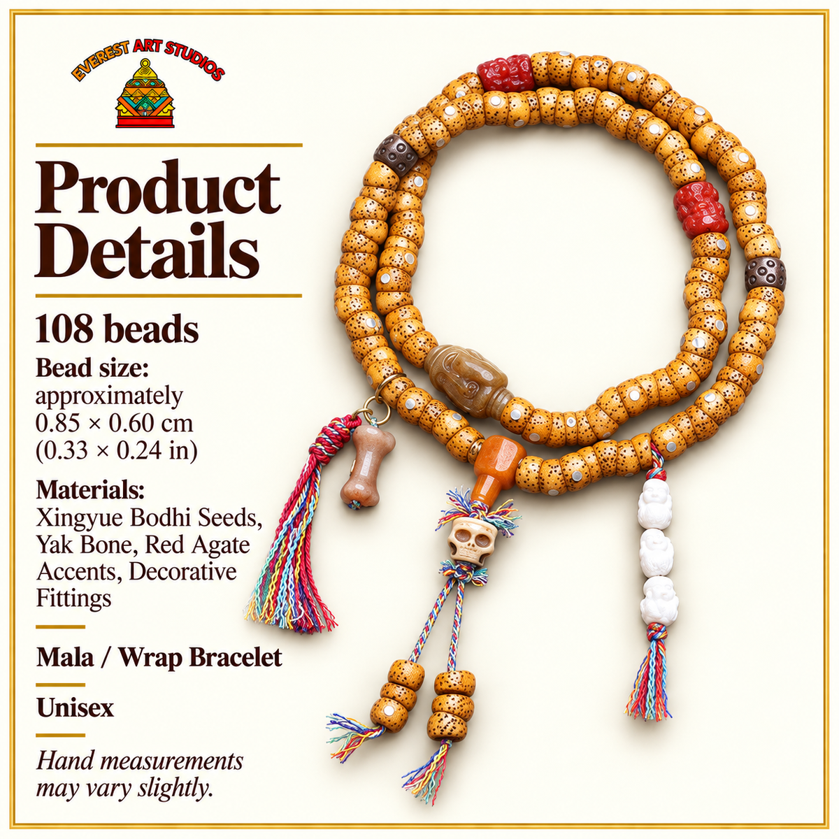 EverestArtstudios Xingyue Bodhi 108-Bead Mala with Yak Bone and Red Agate Accents — specifications