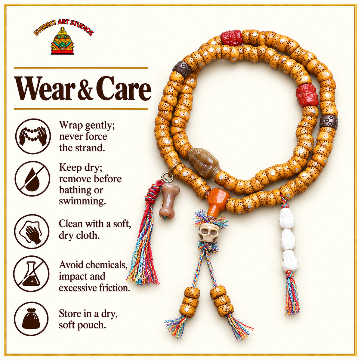 EverestArtstudios Xingyue Bodhi 108-Bead Mala with Yak Bone and Red Agate Accents — care