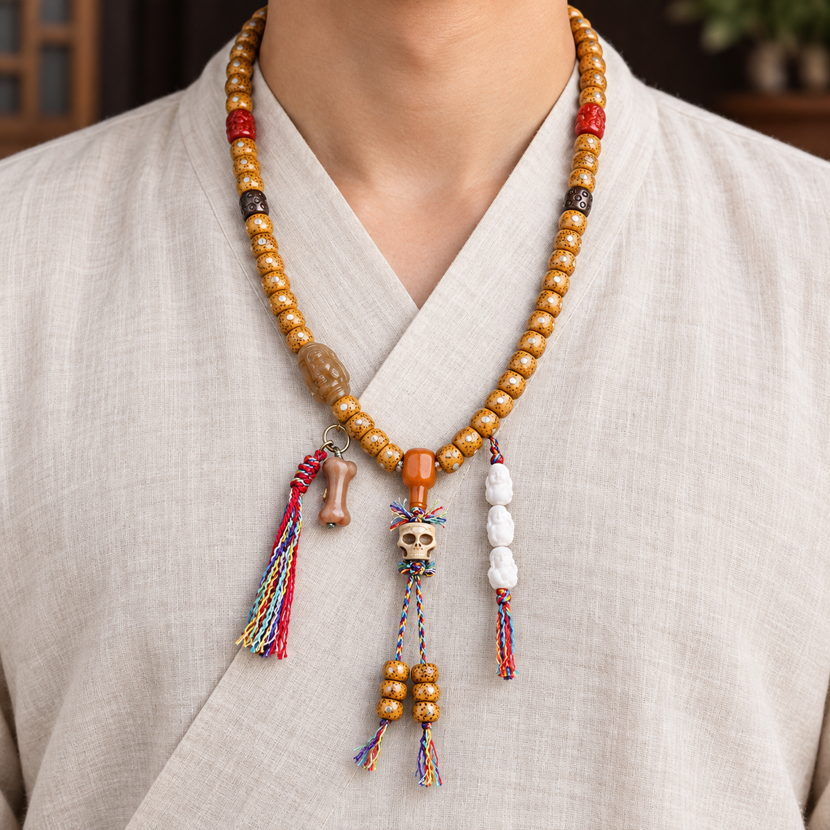 EverestArtstudios Xingyue Bodhi 108-Bead Mala with Yak Bone and Red Agate Accents — linen front