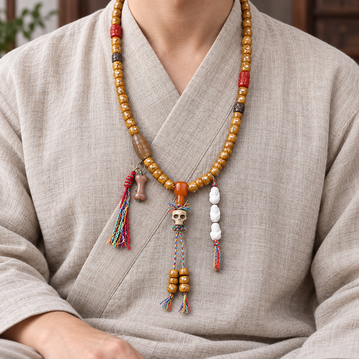 EverestArtstudios Xingyue Bodhi 108-Bead Mala with Yak Bone and Red Agate Accents — linen seated