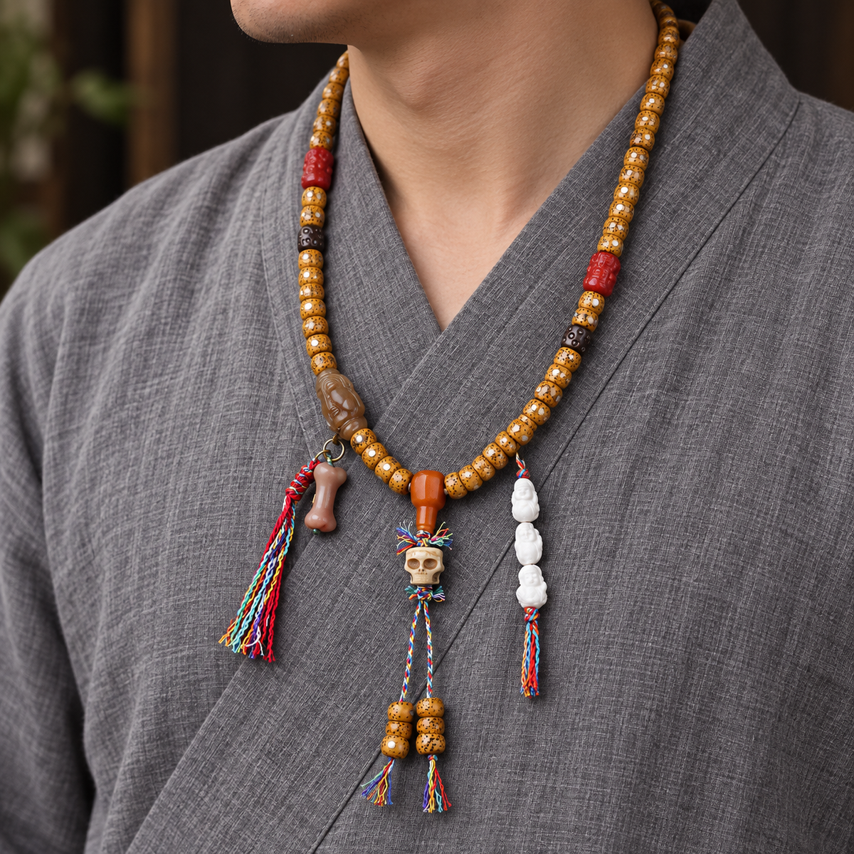 EverestArtstudios Xingyue Bodhi 108-Bead Mala with Yak Bone and Red Agate Accents — linen side