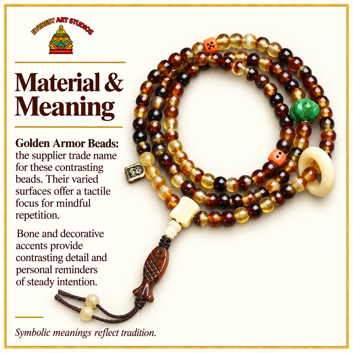 EverestArtstudios Golden Armor 108-Bead Mala with Bone and Dice Accents — materials meaning