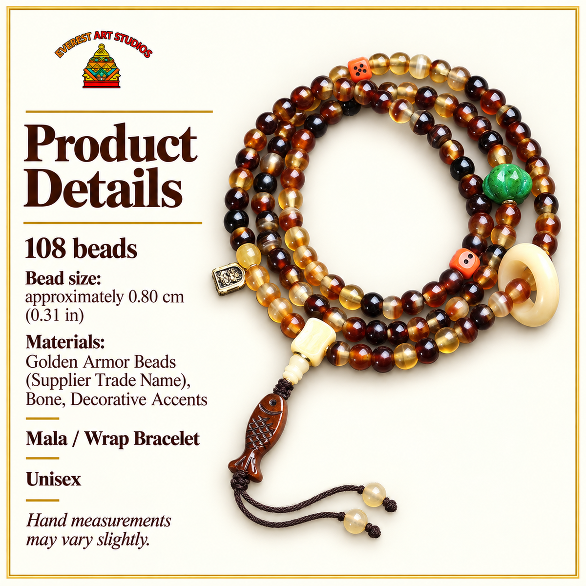 EverestArtstudios Golden Armor 108-Bead Mala with Bone and Dice Accents — specifications