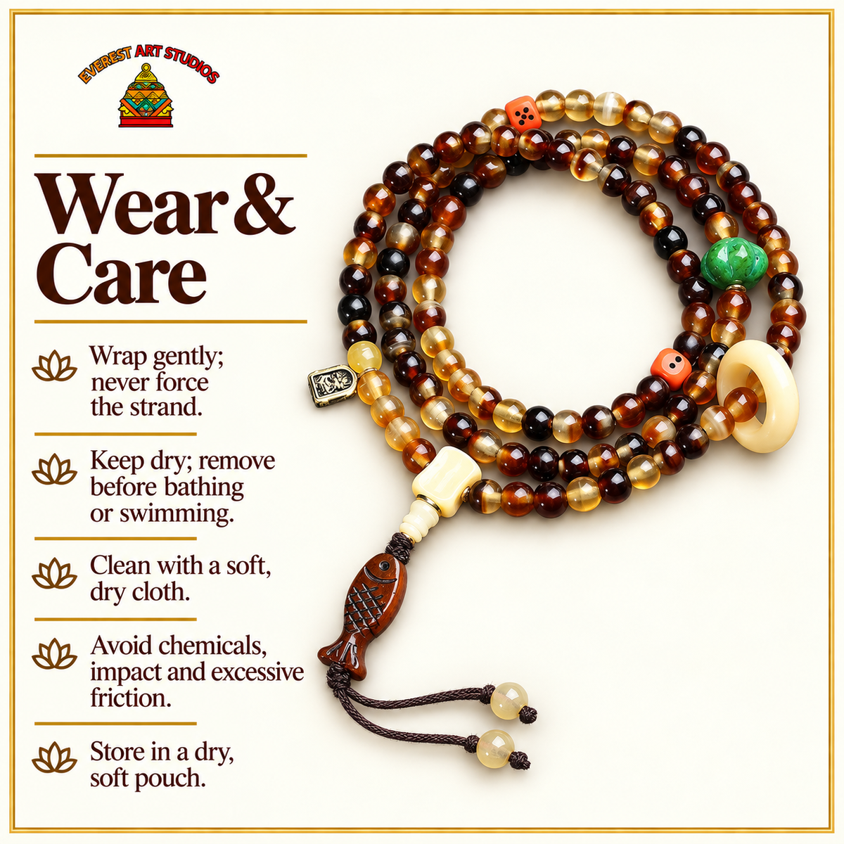 EverestArtstudios Golden Armor 108-Bead Mala with Bone and Dice Accents — care