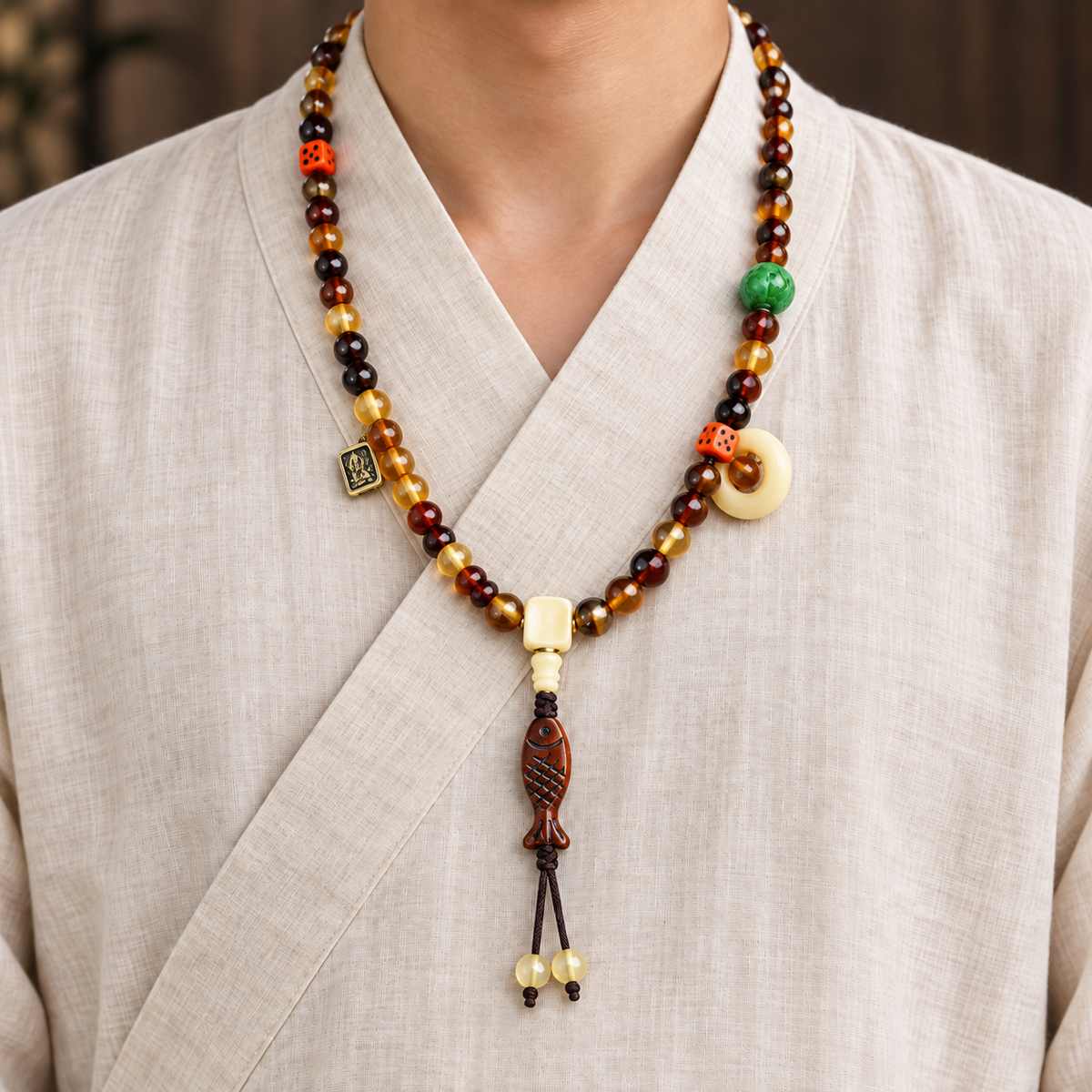 EverestArtstudios Golden Armor 108-Bead Mala with Bone and Dice Accents — linen front
