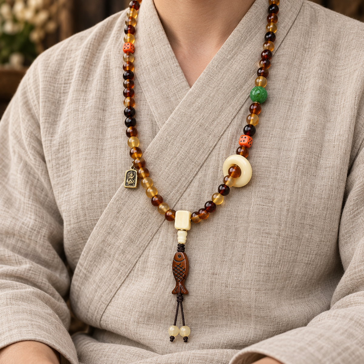 EverestArtstudios Golden Armor 108-Bead Mala with Bone and Dice Accents — linen seated