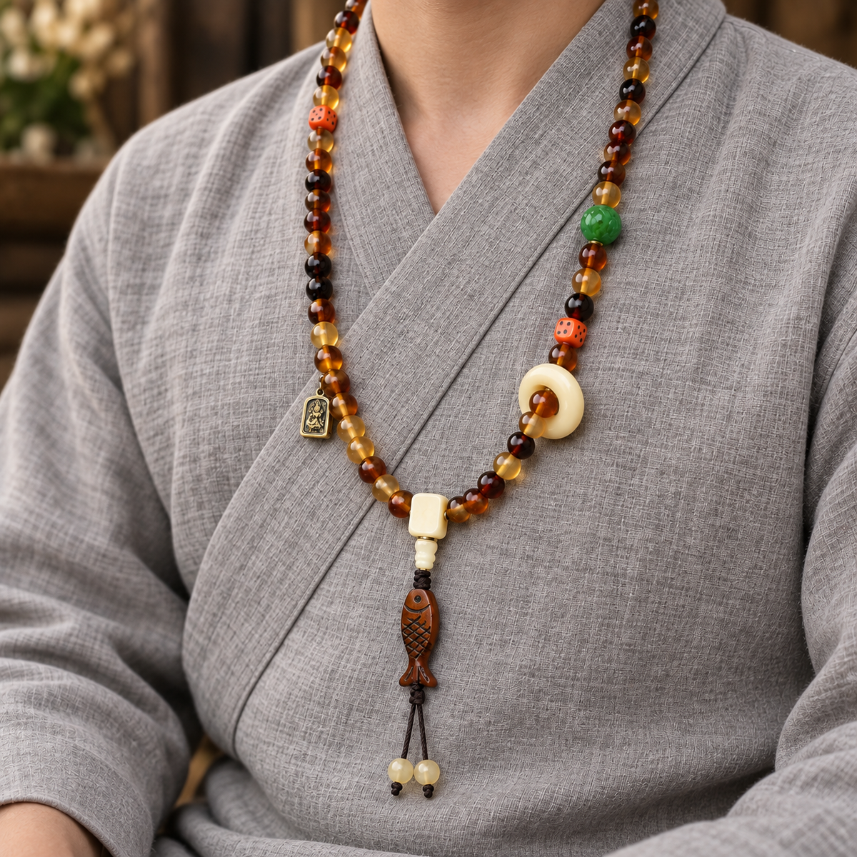 EverestArtstudios Golden Armor 108-Bead Mala with Bone and Dice Accents — linen side