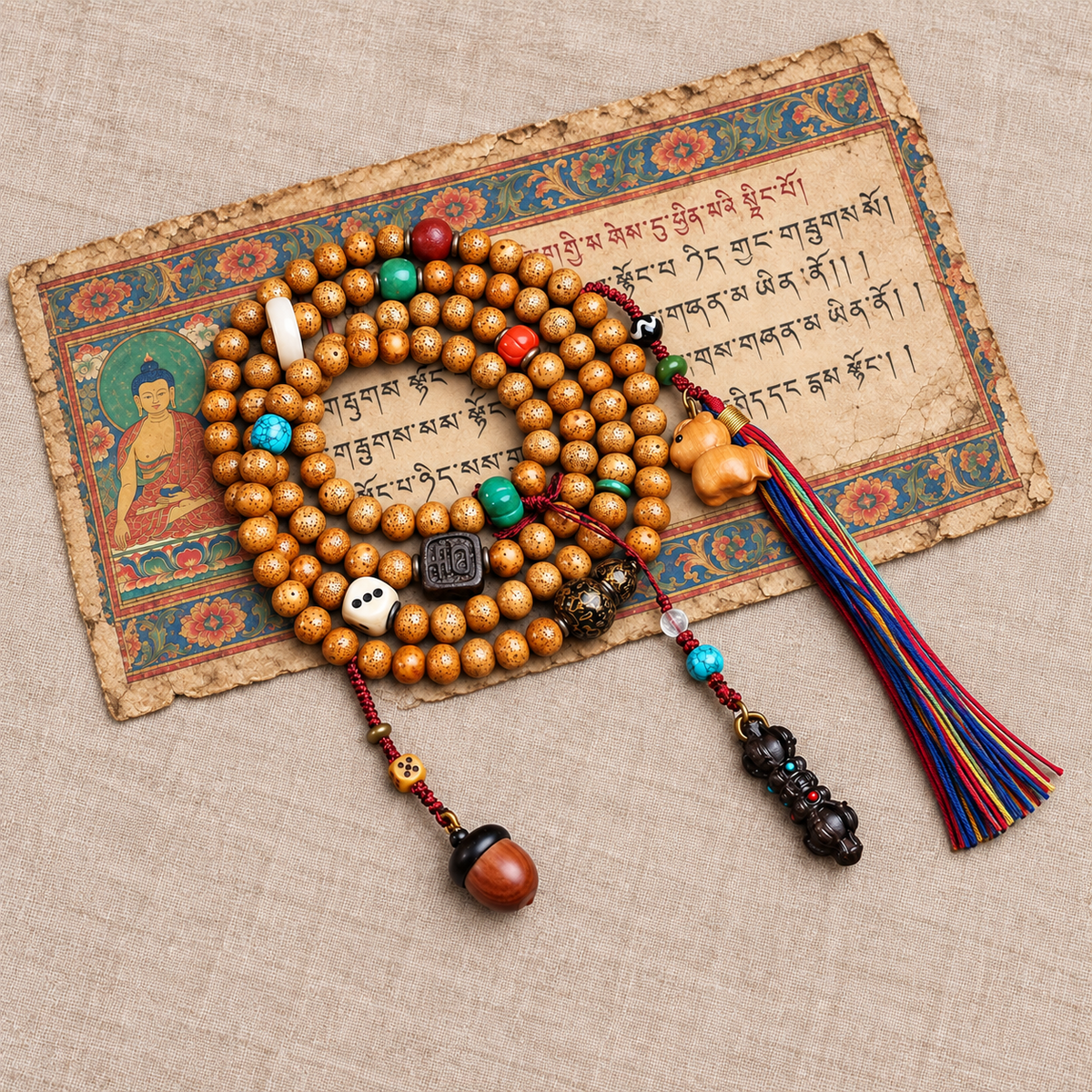 EverestArtstudios Xingyue Bodhi 108-Bead Mala Necklace with Textured Seed Beads — full product