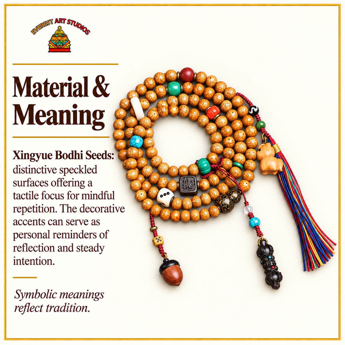 EverestArtstudios Xingyue Bodhi 108-Bead Mala Necklace with Textured Seed Beads — materials meaning