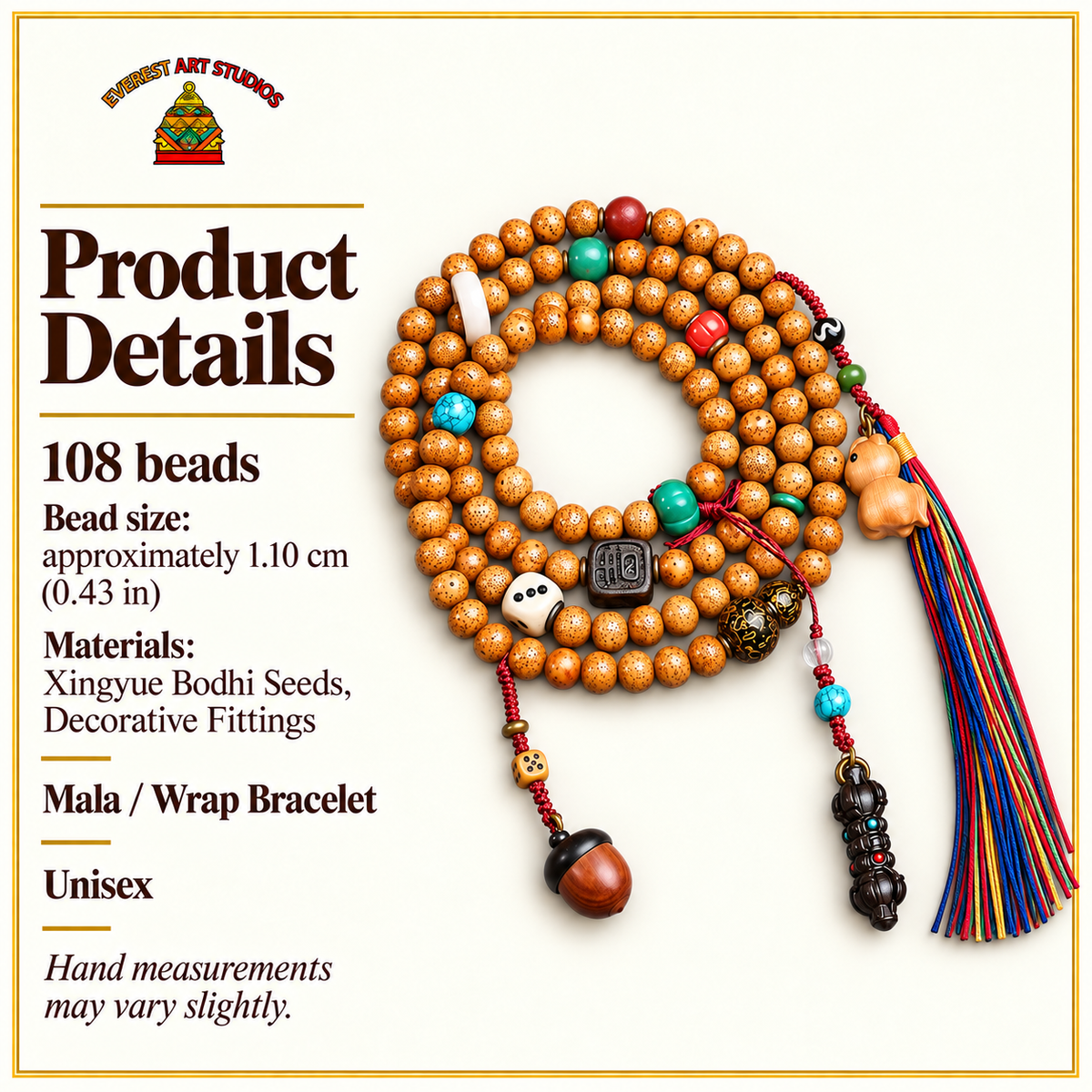 EverestArtstudios Xingyue Bodhi 108-Bead Mala Necklace with Textured Seed Beads — specifications