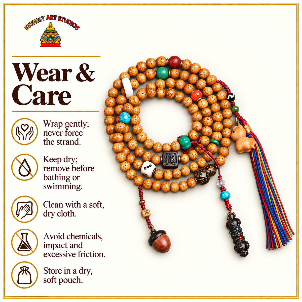EverestArtstudios Xingyue Bodhi 108-Bead Mala Necklace with Textured Seed Beads — care