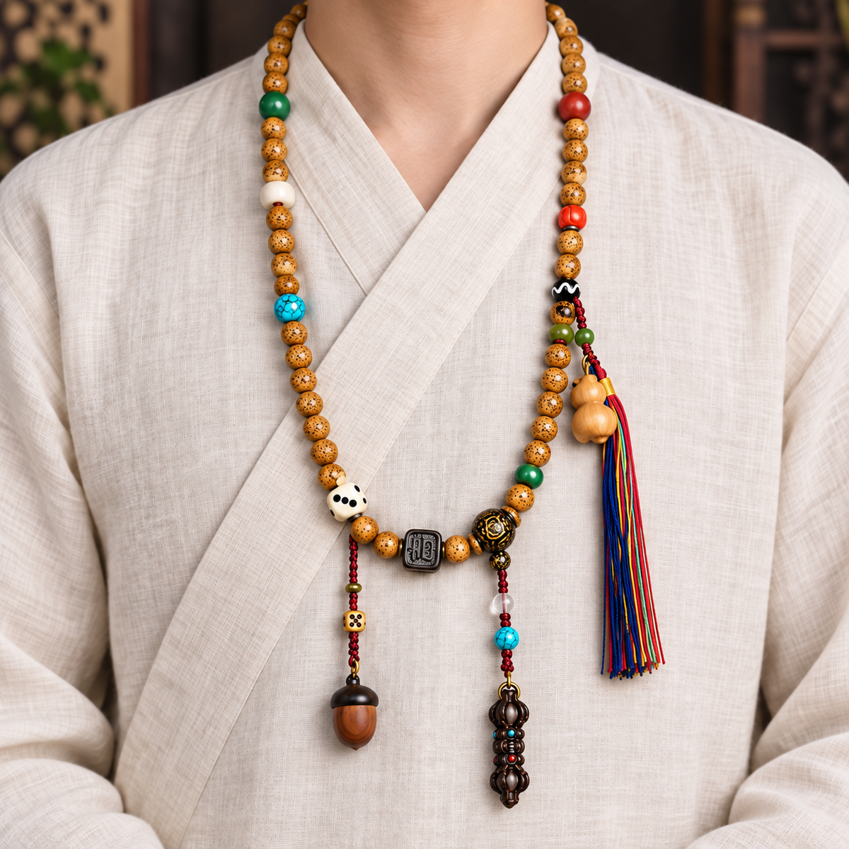 EverestArtstudios Xingyue Bodhi 108-Bead Mala Necklace with Textured Seed Beads — linen front