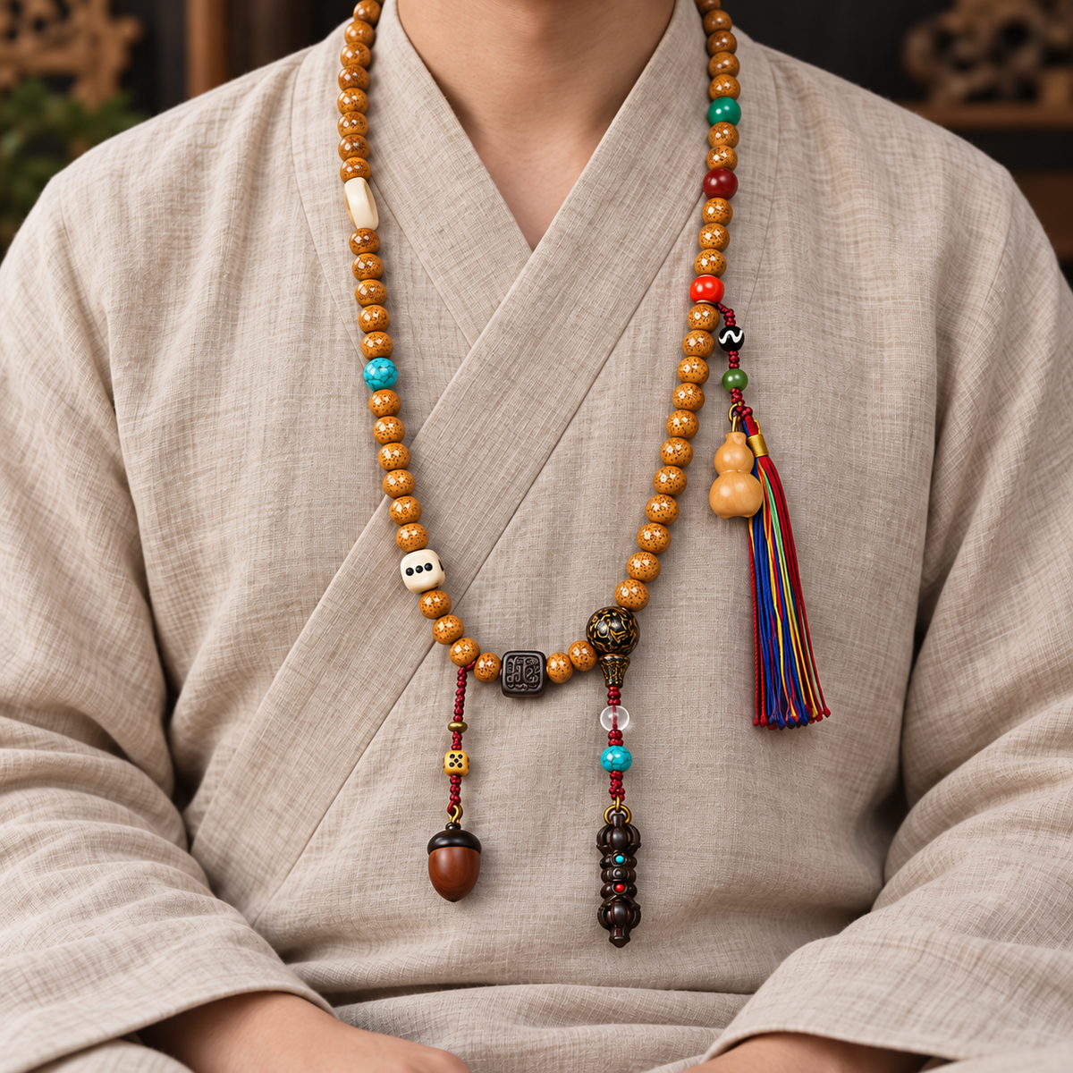 EverestArtstudios Xingyue Bodhi 108-Bead Mala Necklace with Textured Seed Beads — linen seated