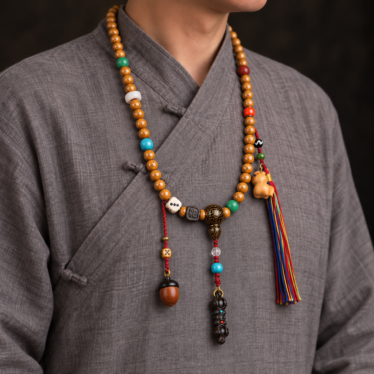 EverestArtstudios Xingyue Bodhi 108-Bead Mala Necklace with Textured Seed Beads — linen side