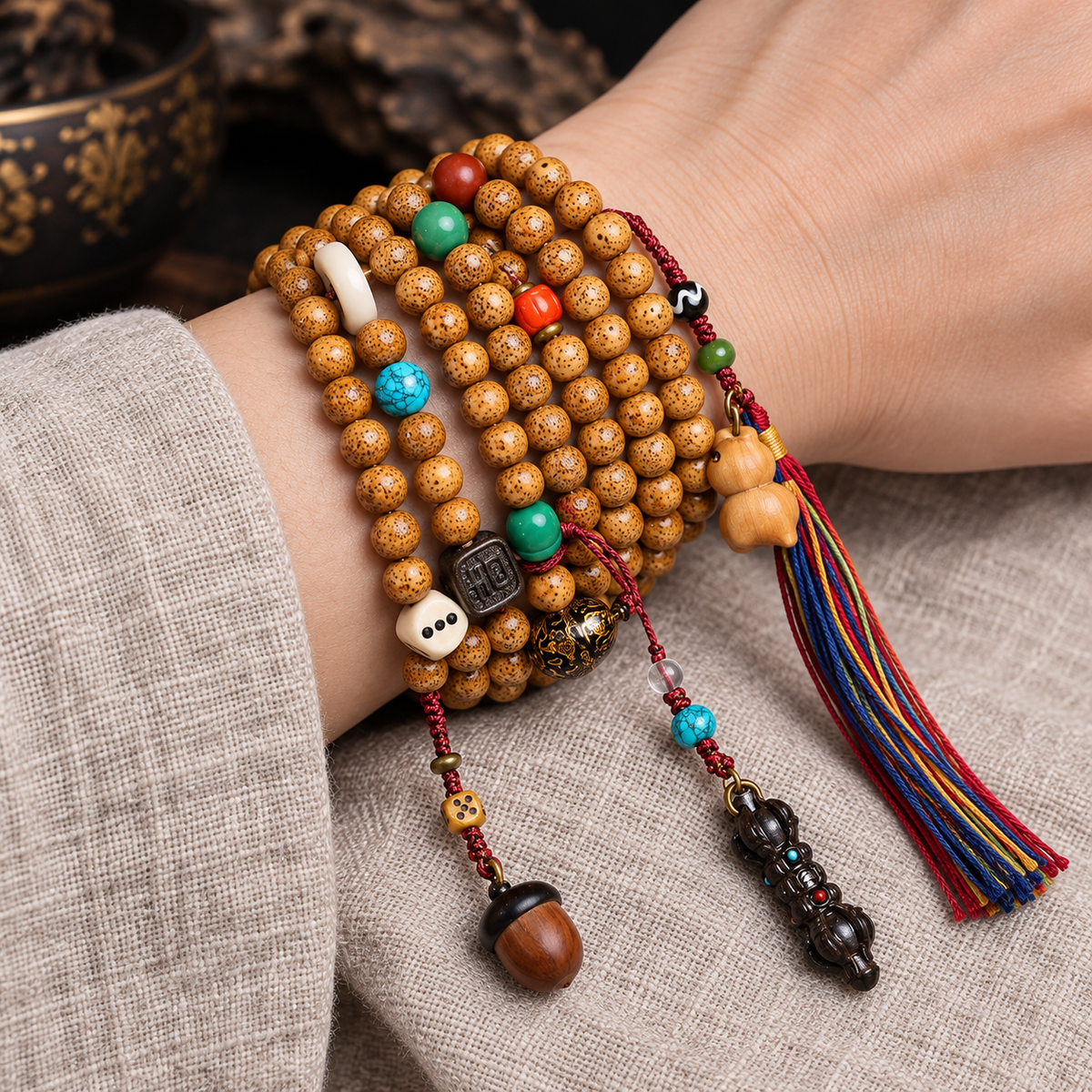 EverestArtstudios Xingyue Bodhi 108-Bead Mala Necklace with Textured Seed Beads — wrist resting