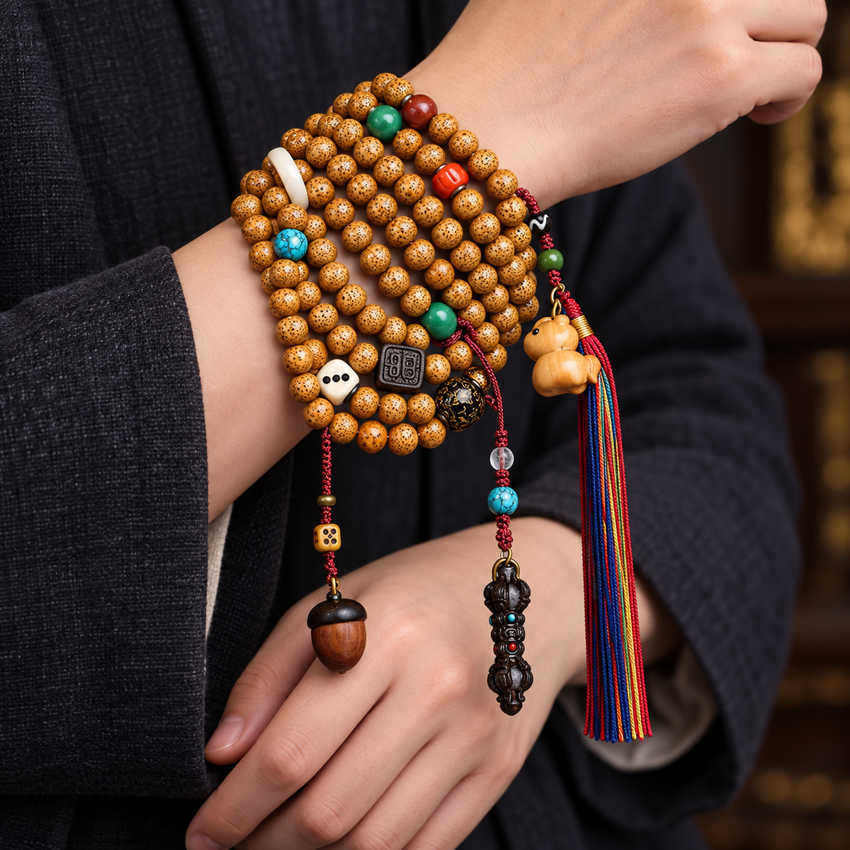 EverestArtstudios Xingyue Bodhi 108-Bead Mala Necklace with Textured Seed Beads — wrist crossed