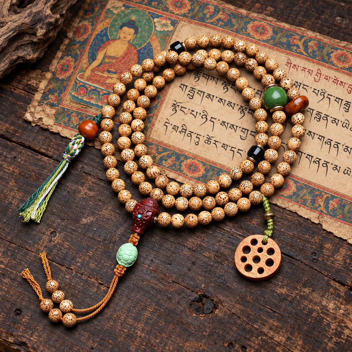 EverestArtstudios Xingyue Bodhi 108-Bead Mala with Sandalwood and Carved Wood Accents — full product