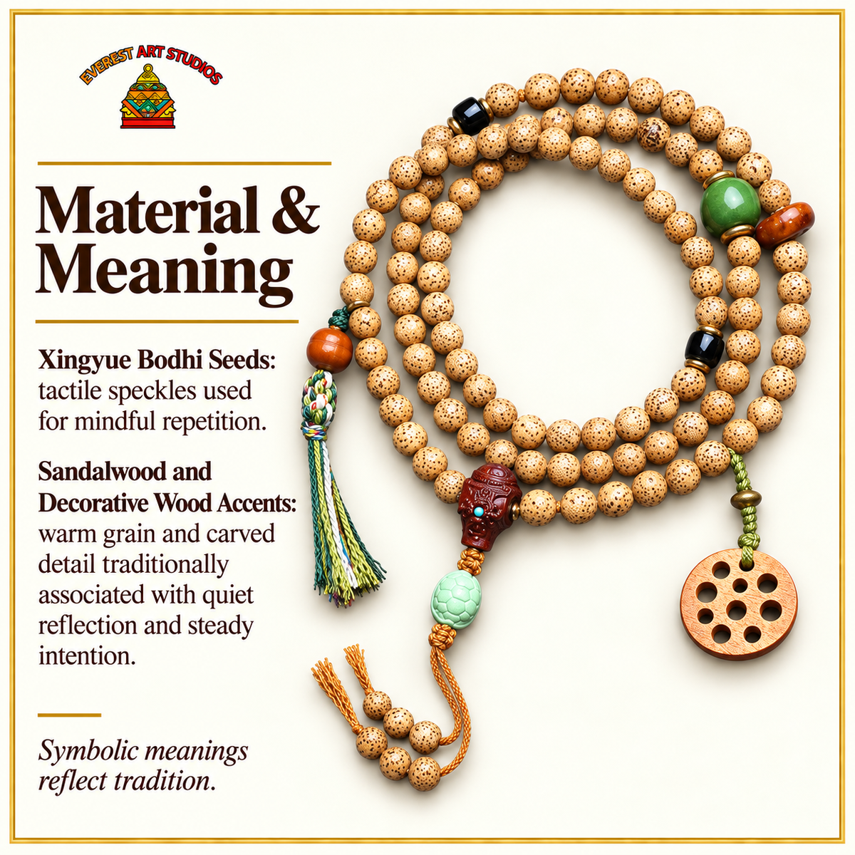 EverestArtstudios Xingyue Bodhi 108-Bead Mala with Sandalwood and Carved Wood Accents — materials meaning