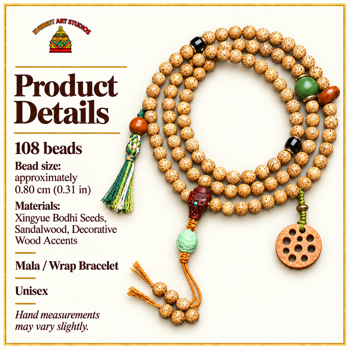 EverestArtstudios Xingyue Bodhi 108-Bead Mala with Sandalwood and Carved Wood Accents — specifications