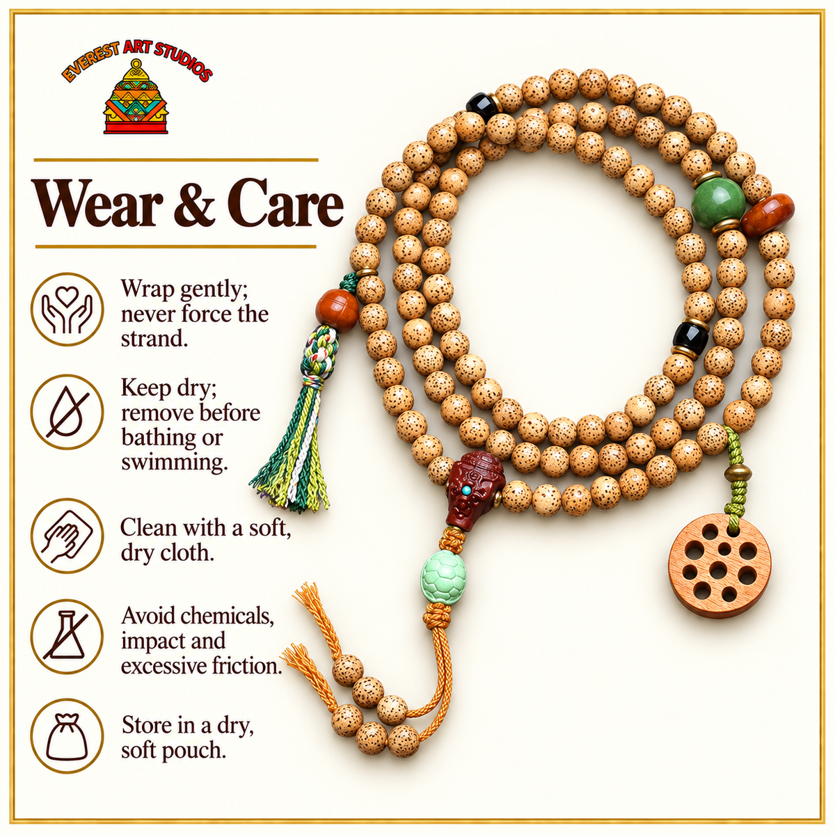 EverestArtstudios Xingyue Bodhi 108-Bead Mala with Sandalwood and Carved Wood Accents — care