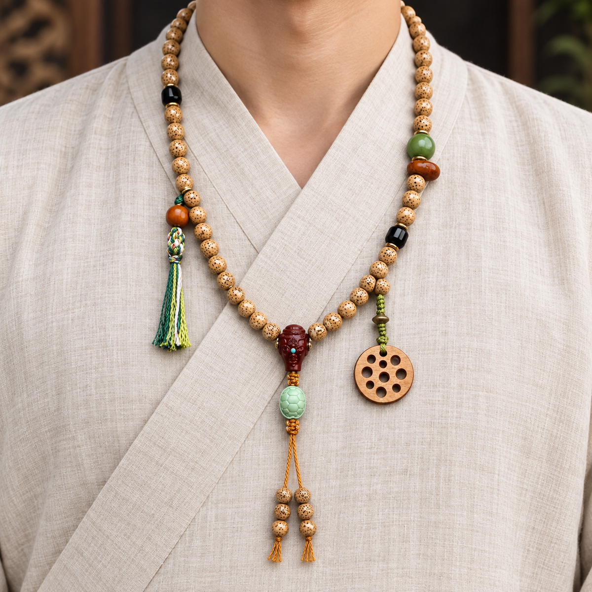 EverestArtstudios Xingyue Bodhi 108-Bead Mala with Sandalwood and Carved Wood Accents — linen front