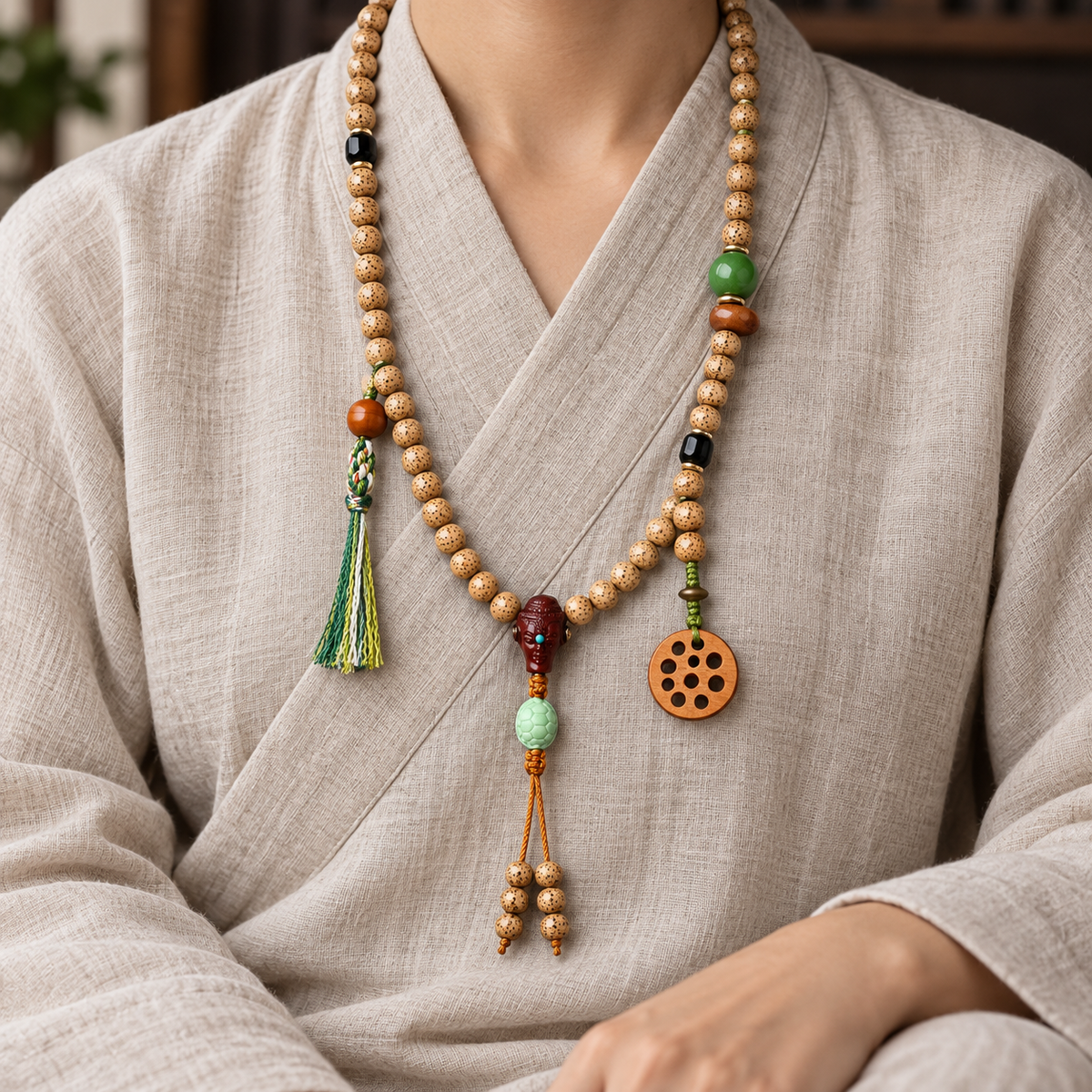 EverestArtstudios Xingyue Bodhi 108-Bead Mala with Sandalwood and Carved Wood Accents — linen seated