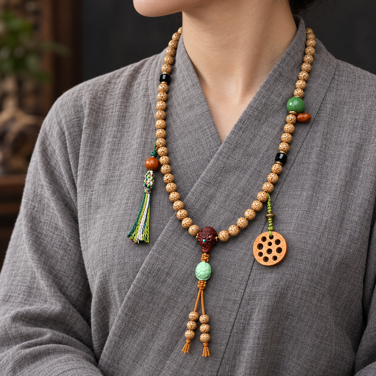 EverestArtstudios Xingyue Bodhi 108-Bead Mala with Sandalwood and Carved Wood Accents — linen side