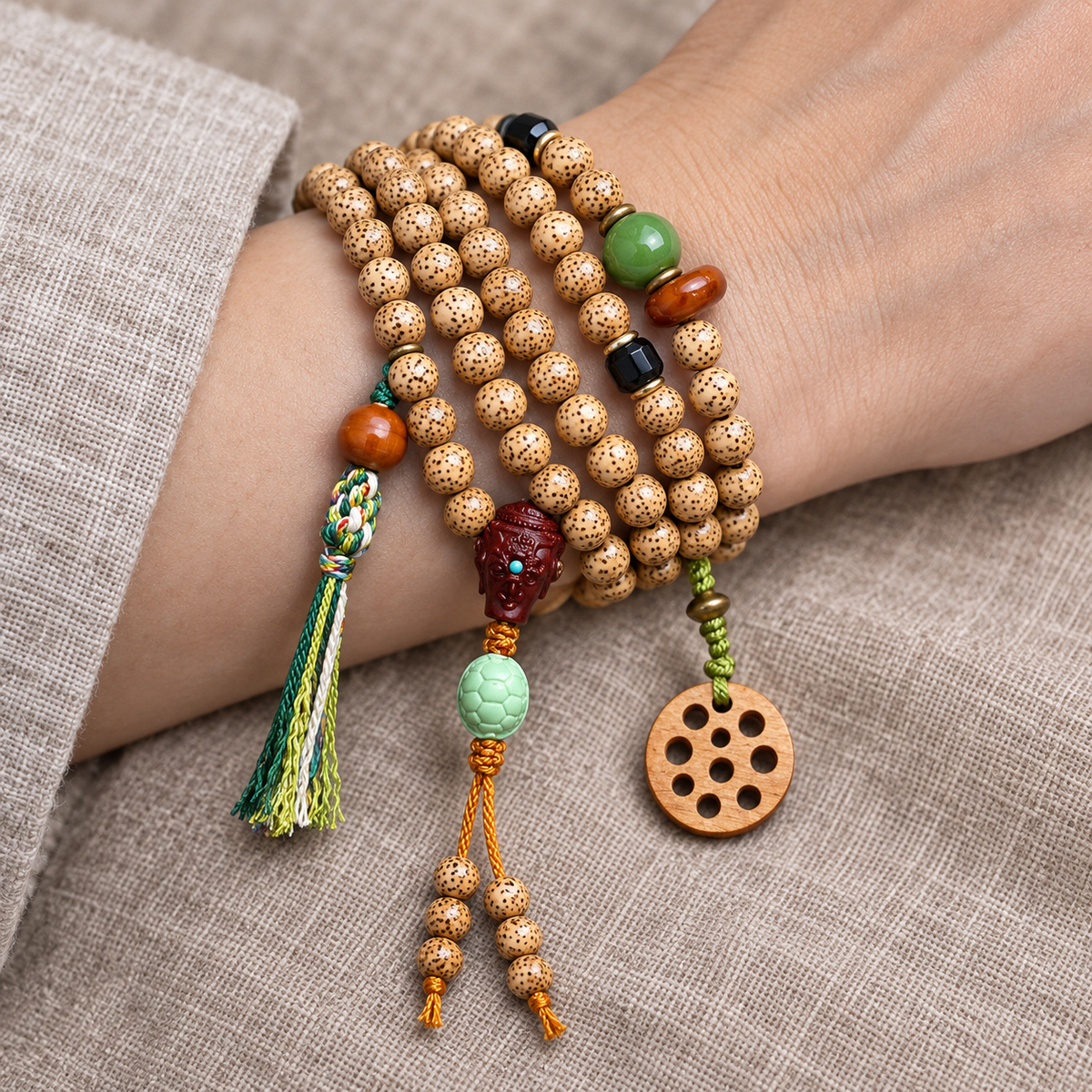 EverestArtstudios Xingyue Bodhi 108-Bead Mala with Sandalwood and Carved Wood Accents — wrist resting